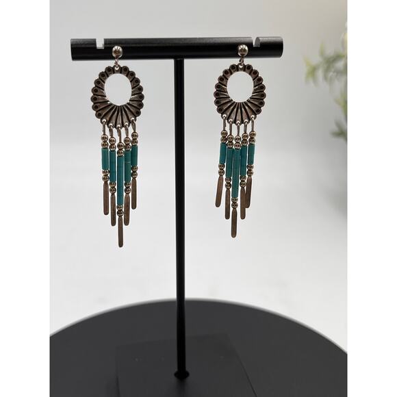 Q.T. Quoc Turquoise Southwest Sterling Silver Blue Beaded Concho Native earrings - Picture 3 of 7